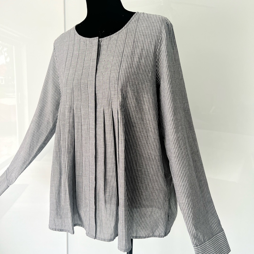 DKNY JEANS Blouse Top Women Medium Grey/White Striped Long Sleeve